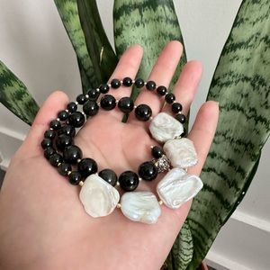 Asymmetrical baroque Square Pearl and Black Obsidian necklace plated Gold